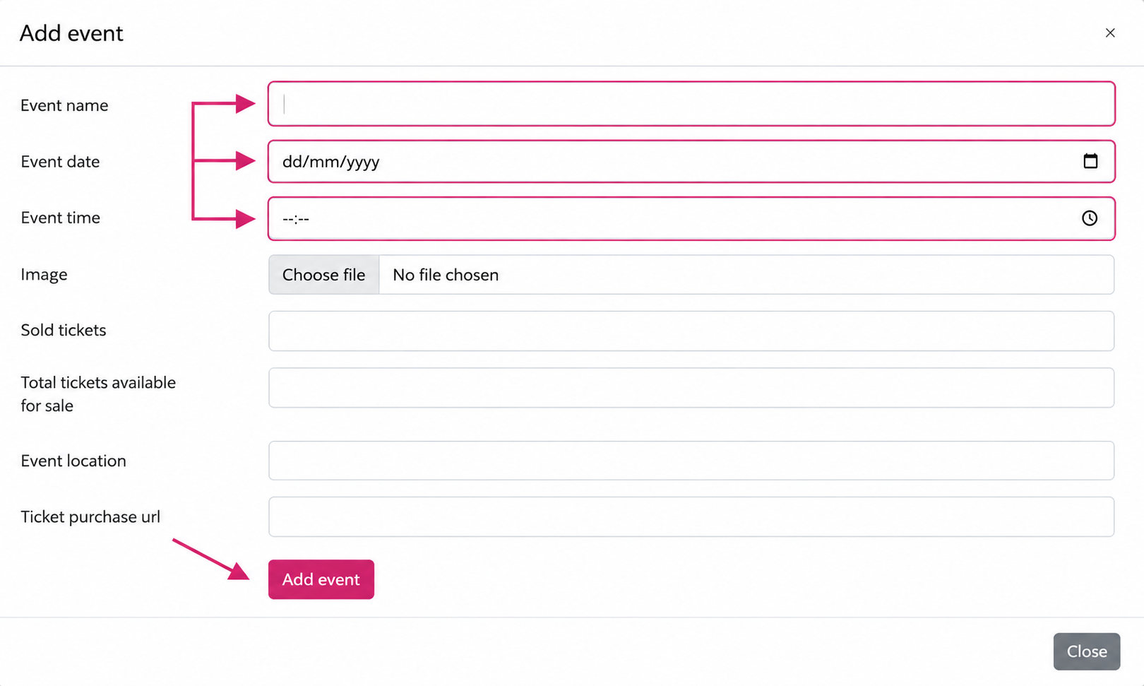 The Add event window with Event name, Event date, Event time, and Add event highlighted.