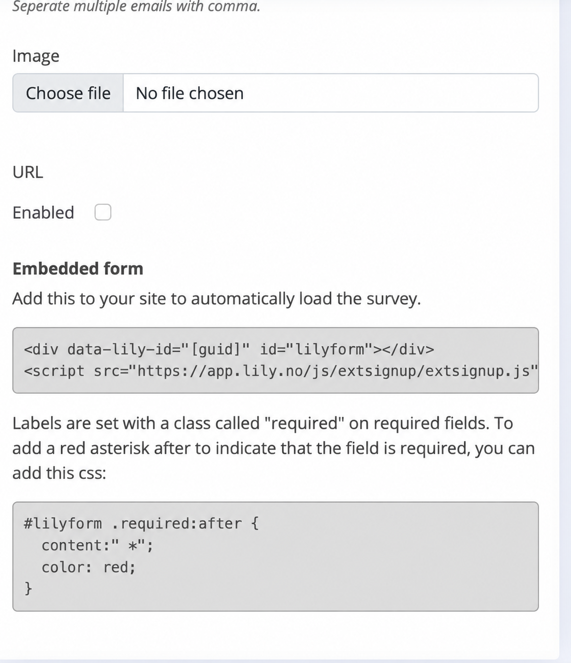 Lily survey URL, Enabled setting and embedded form code