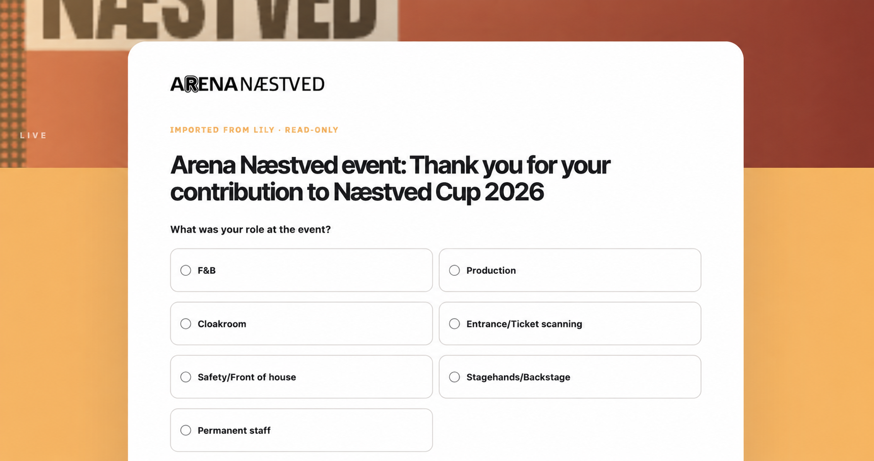 Arena Næstved branded survey created with Lily AI Survey Composer