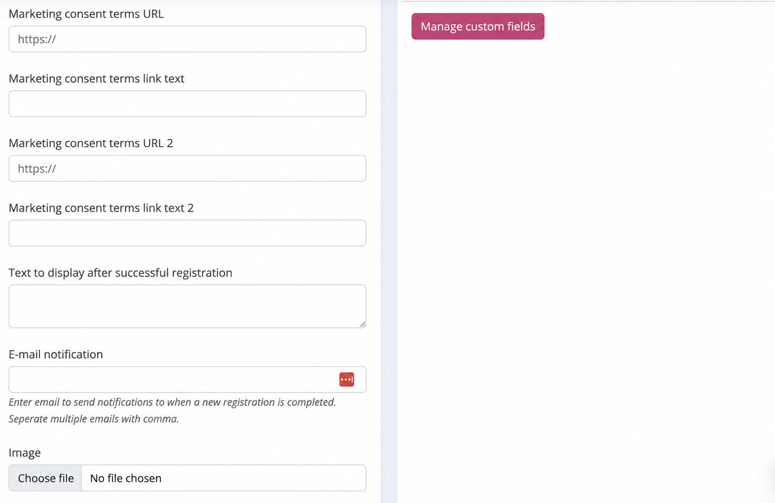 Lily settings for marketing consent links, success text, email notifications and image