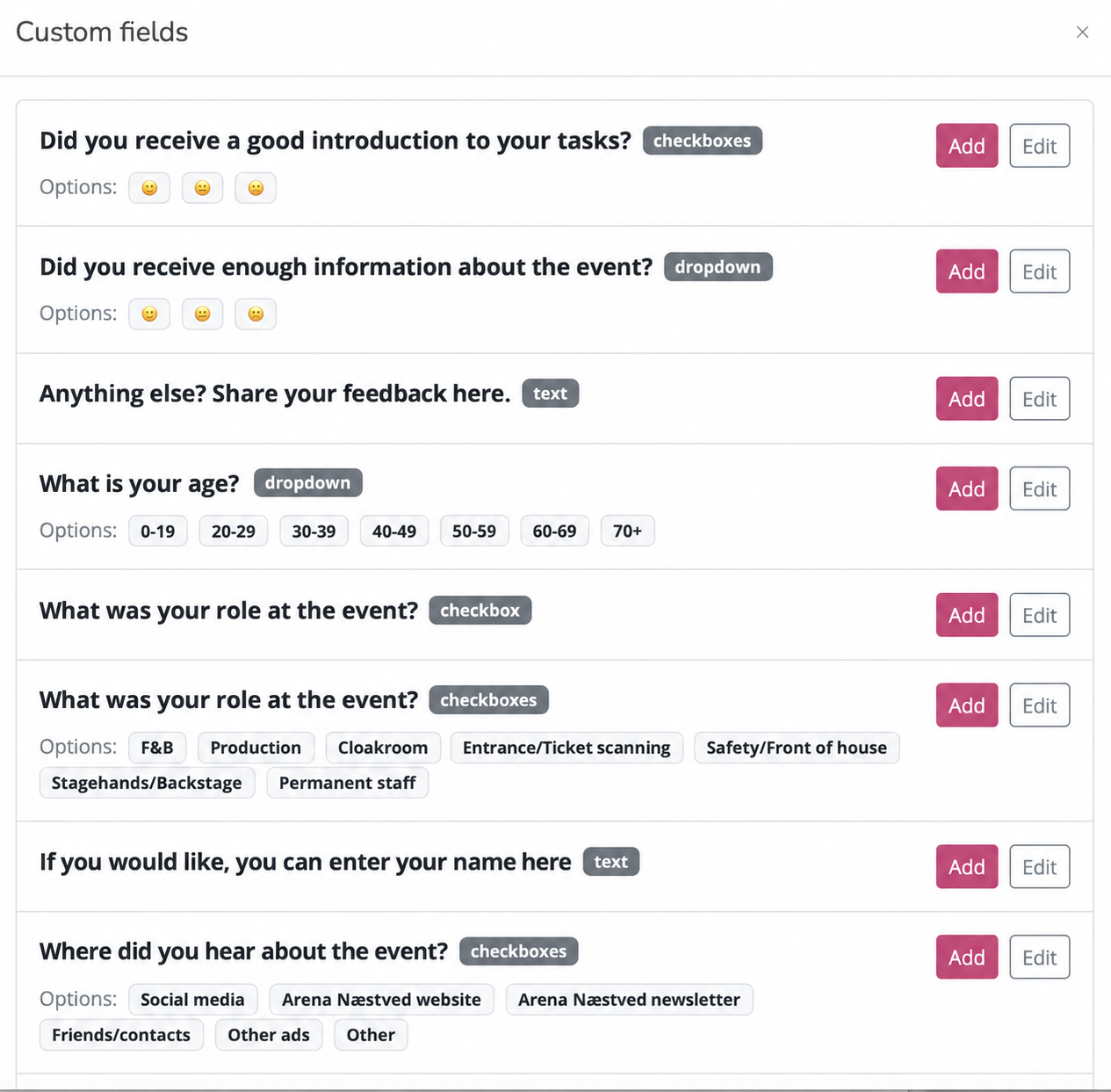 Lily Custom fields window with survey questions and field types