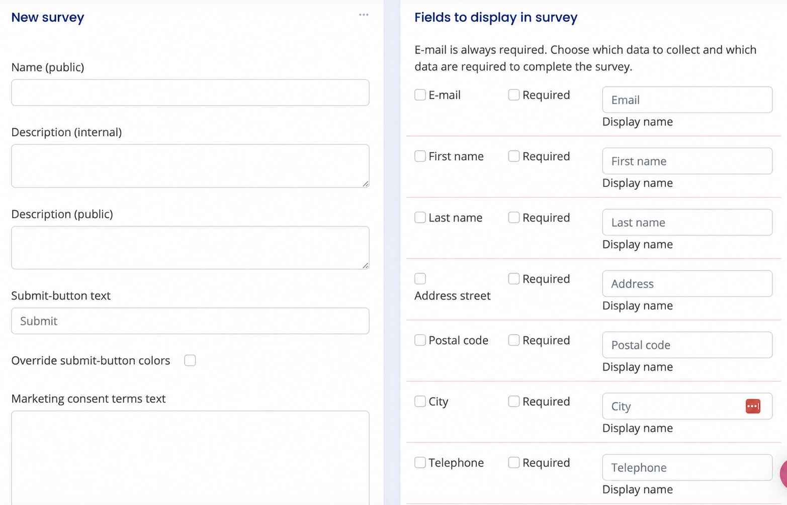 Lily New survey settings beside the profile fields available for a survey
