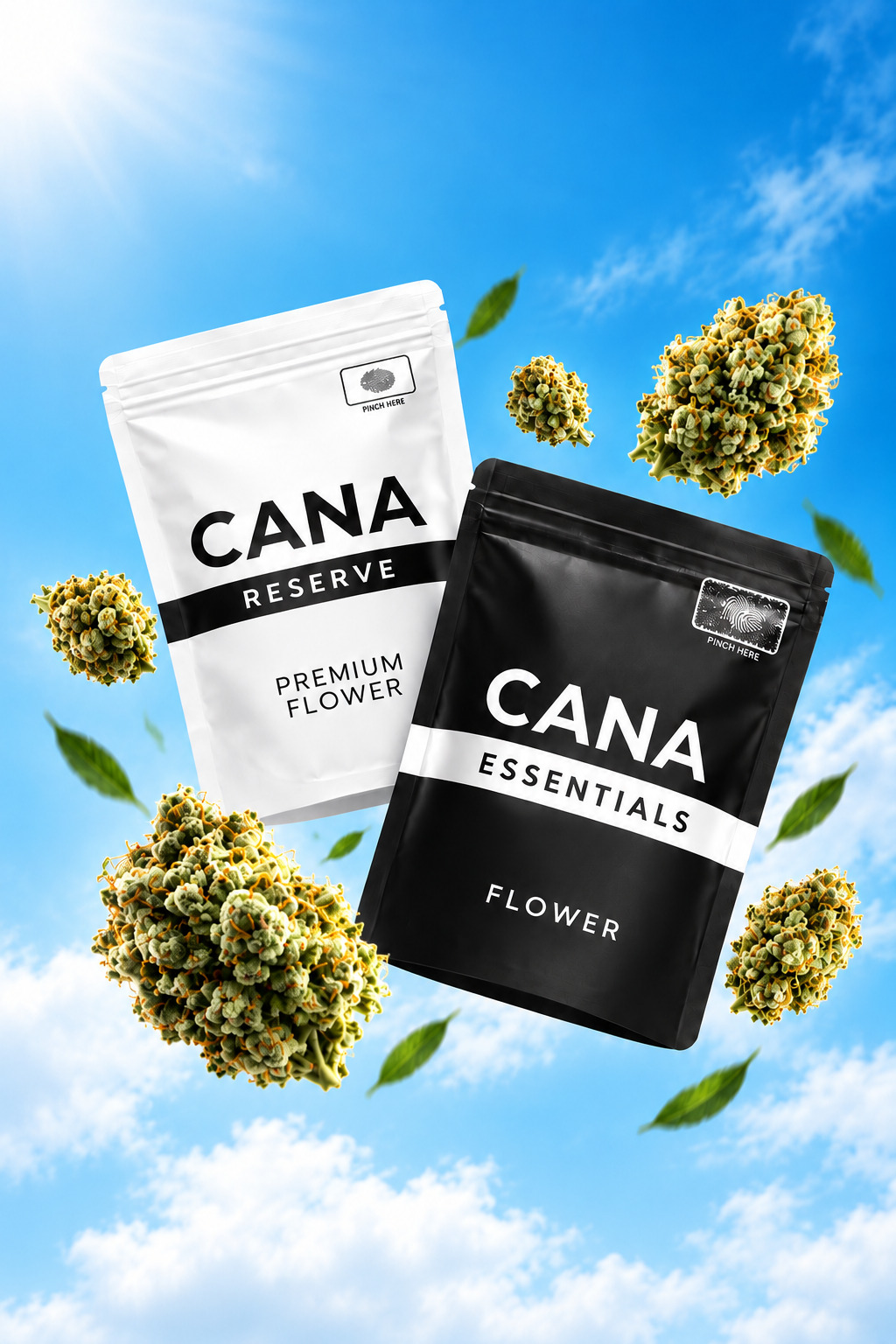 CANA Reserve and CANA Essentials flower pouches against blue sky