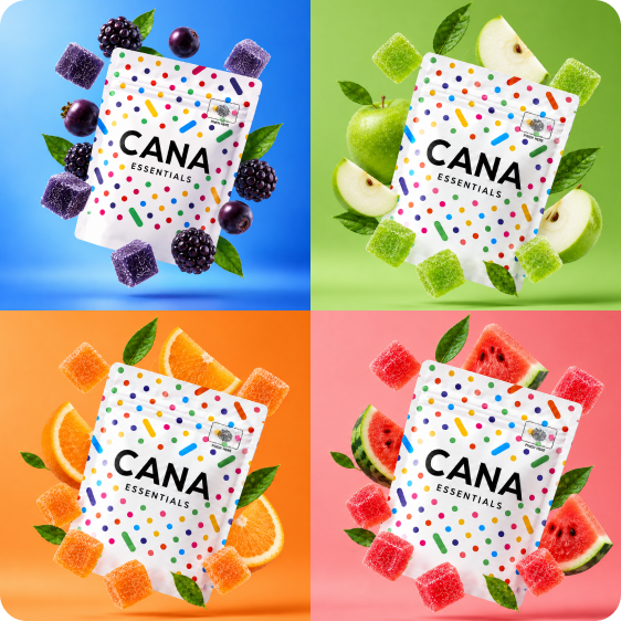 CANA Essentials gummies in blackberry, green apple, orange and watermelon
