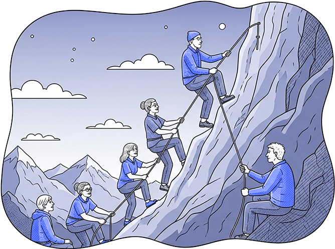 Dik bir dağa tırmanan bir ekip illüstrasyonu.