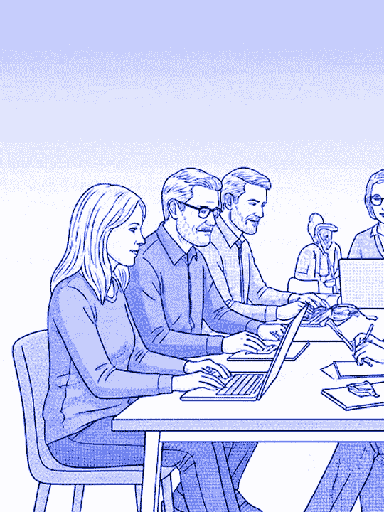 Bir masada çalışan bir grup insanın animasyonu.
