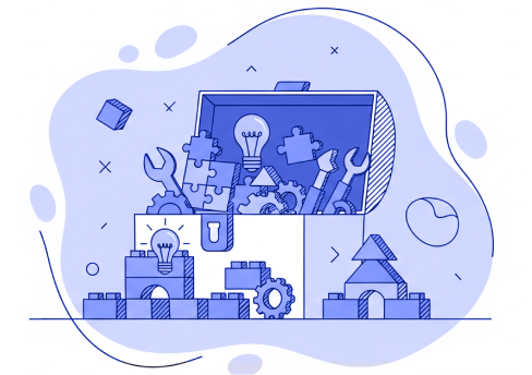 İçinden legolar ve aletler fışkıran bir sandık illüstrasyonu.