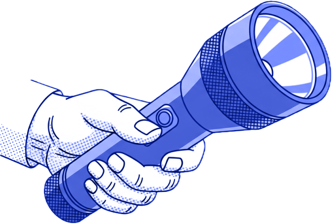 A hand holding a blue flashlight, illustration