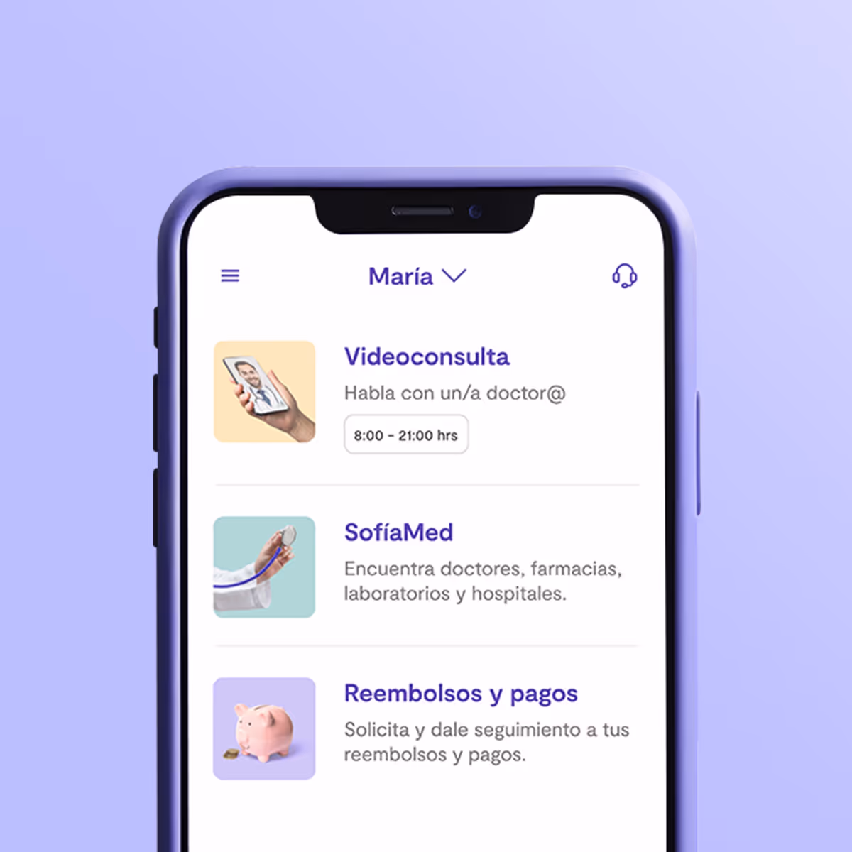Un celular sobre un fondo morado. Vemos en su pantalla el home screen de la aplicación de Sofía