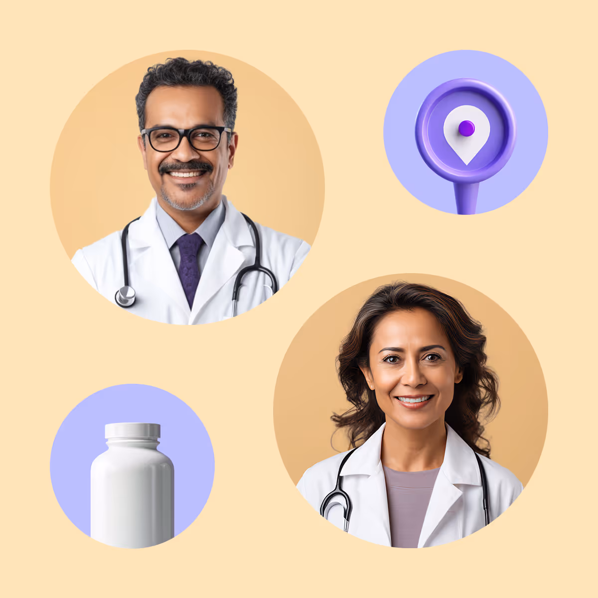 Un doctor y una doctora junto a una botella de medicamentos y un pin de ubicación