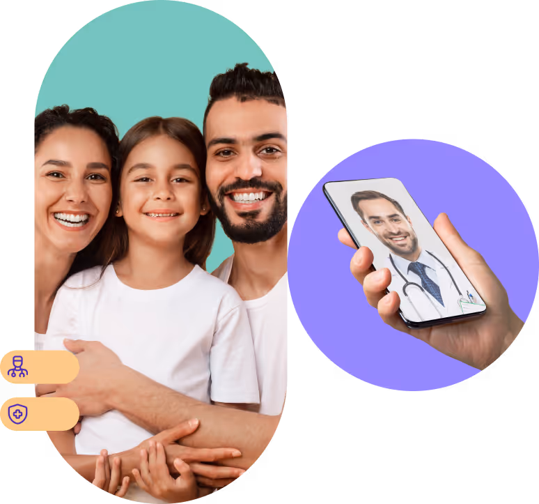 Familia sonriente abrazada junto a imagen de videollamada médica con doctor en celular, representando cuidado de la salud familiar.