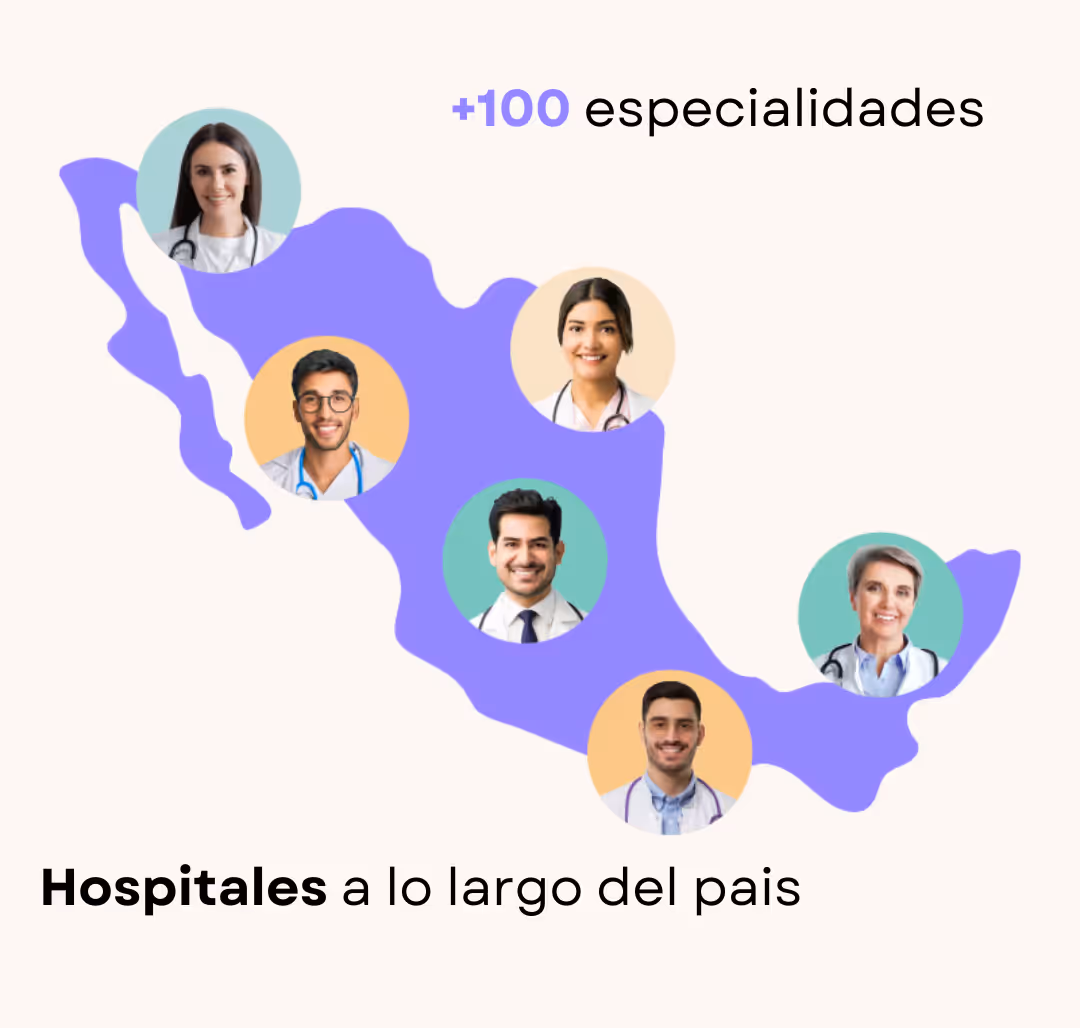 Mapa de México con retratos de médicos y textos que destacan más de 100 especialidades y hospitales en todo el país.