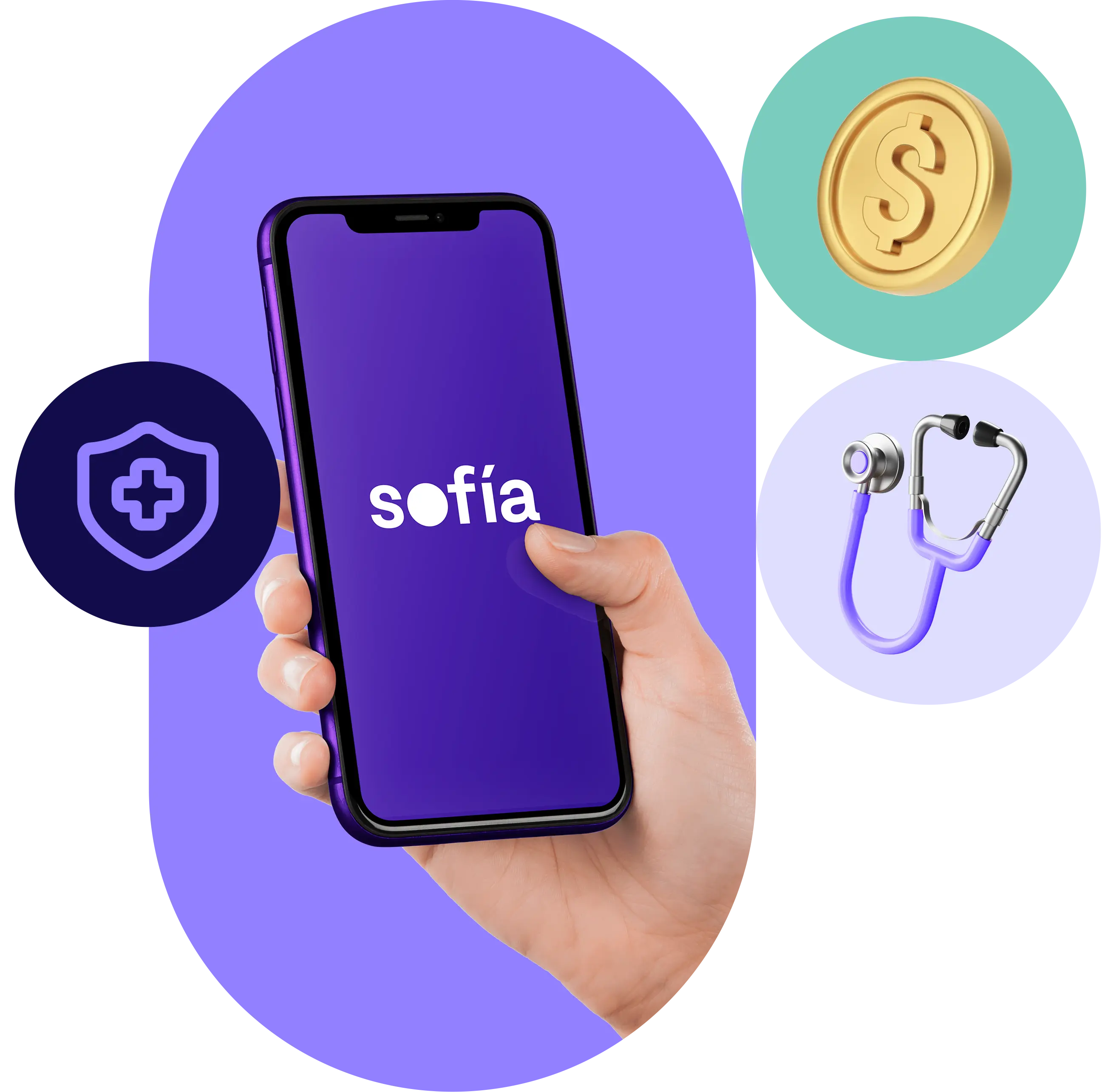 Aplicación móvil de Sofía Seguros de Salud con íconos de ahorro y atención médica