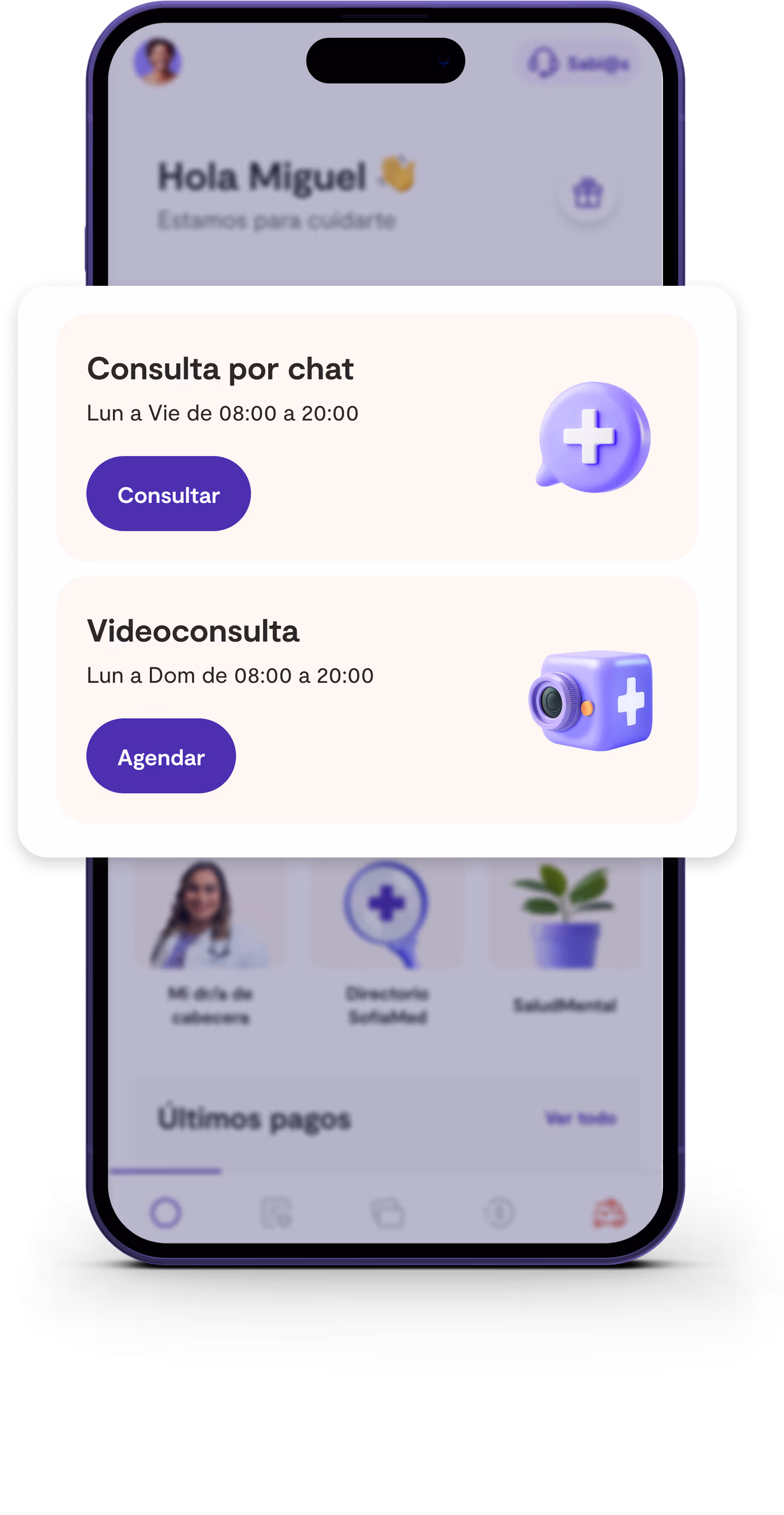 App Sofía mostrando opciones de consulta médica por chat y videollamada