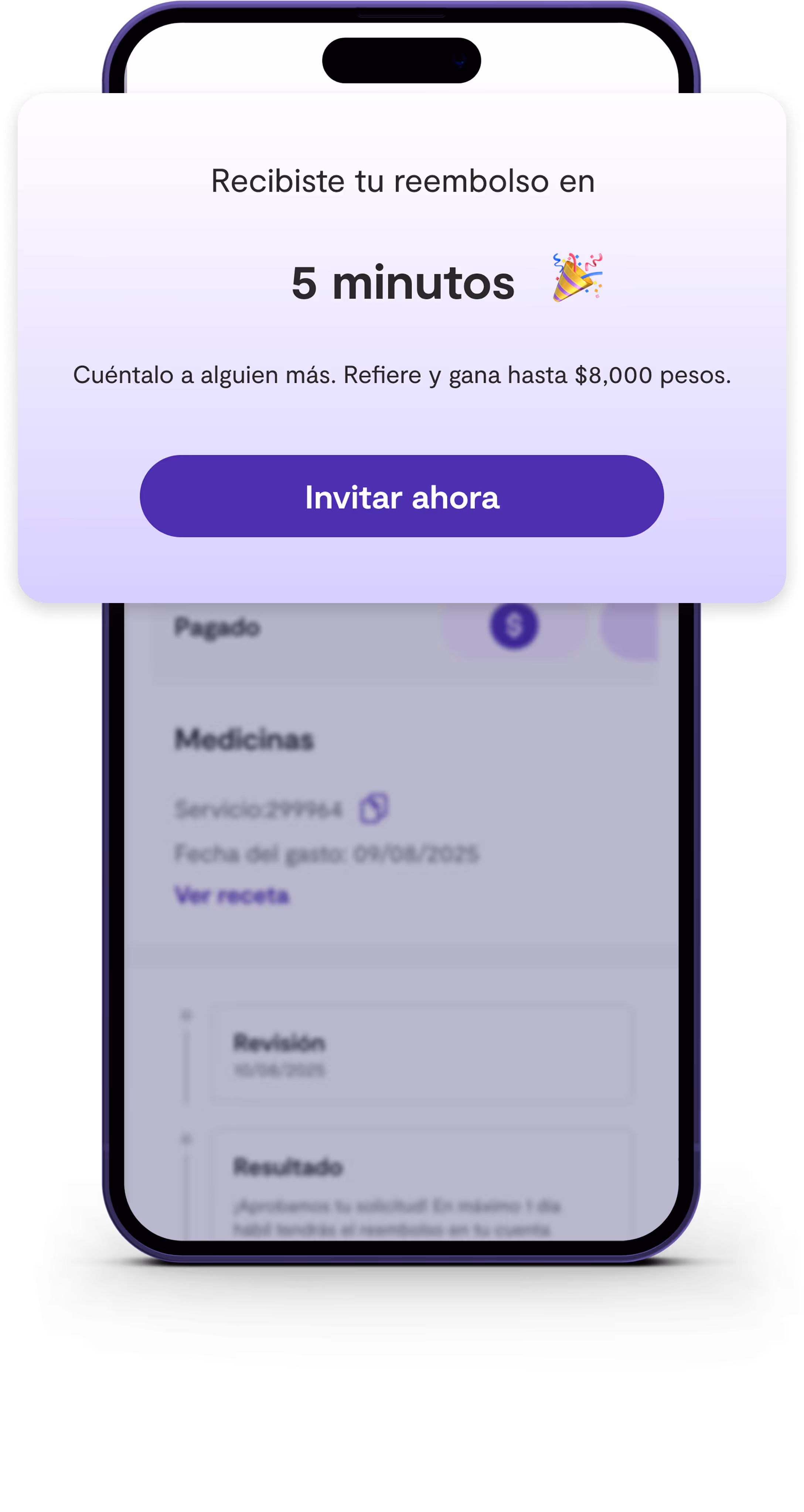 App Sofía mostrando confirmación de reembolso médico recibido