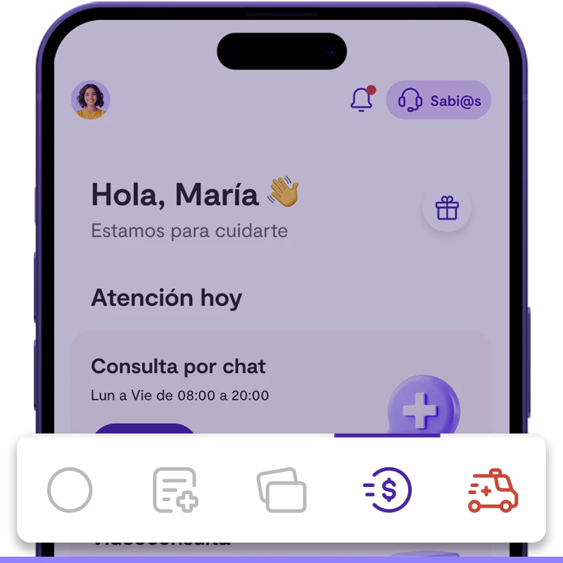 Pantalla de app móvil mostrando sección de videconsulta y acceso a “Reembolsos y pagos” para solicitar y dar seguimiento a reembolsos.