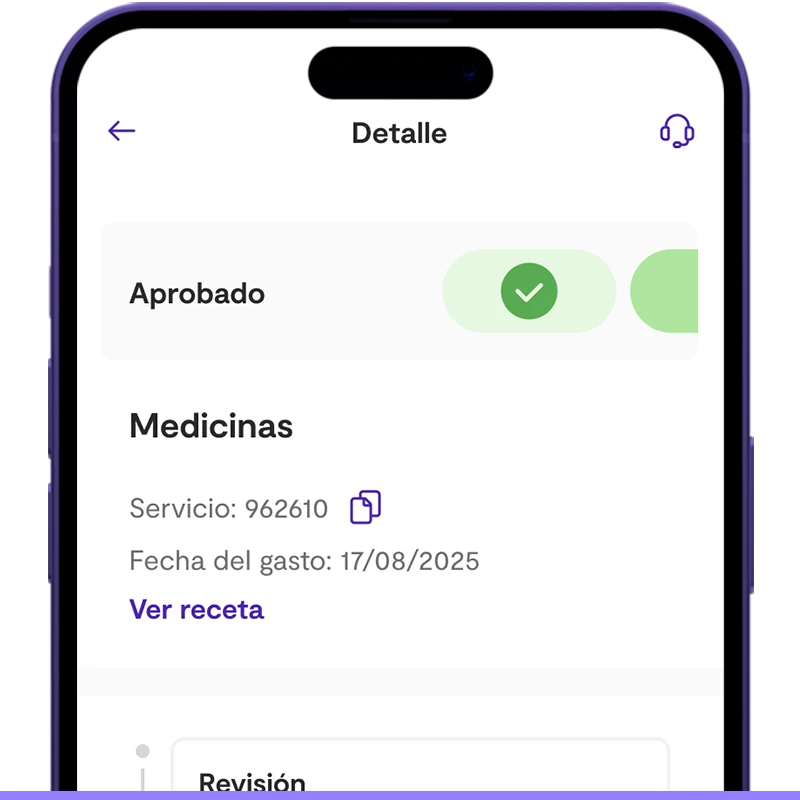Vista detallada del estado de un reembolso de medicinas dentro de una aplicación móvil, incluyendo número de servicio y enlace a receta.