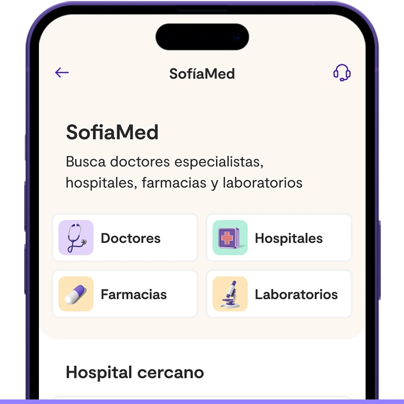 Interfaz de SofíaMed con botones para buscar doctores, hospitales, farmacias y laboratorios, junto con opción de hospital cercano.