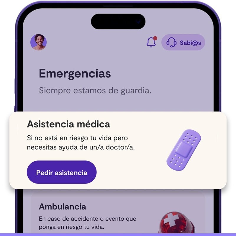 Interfaz de app con opción para solicitar emergencia médica y botón rojo de “Llamar ambulancia”.