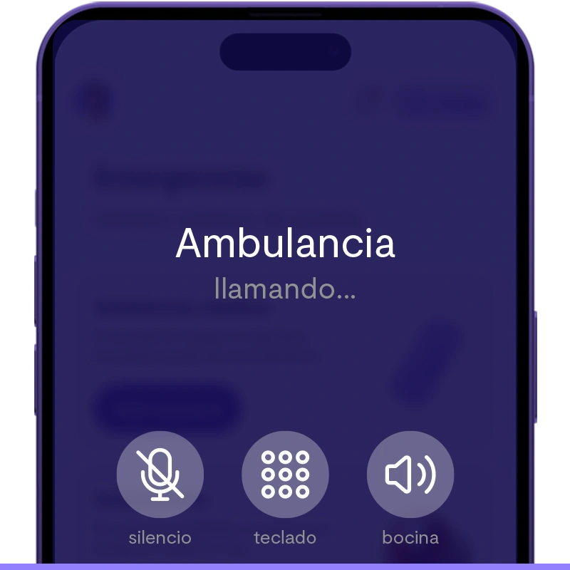 Interfaz de llamada activa a ambulancia desde app móvil, con opciones de silencio, teclado y bocina.