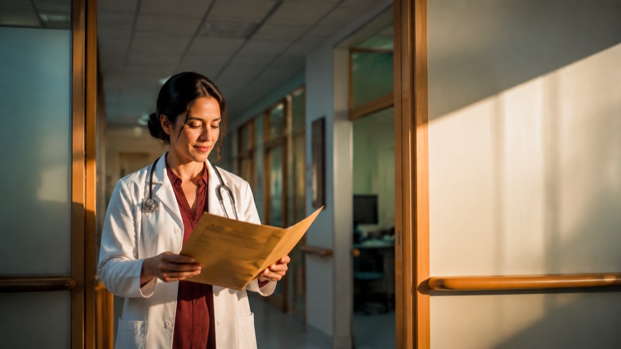 Doctora revisando un expediente en el pasillo de un hospital
