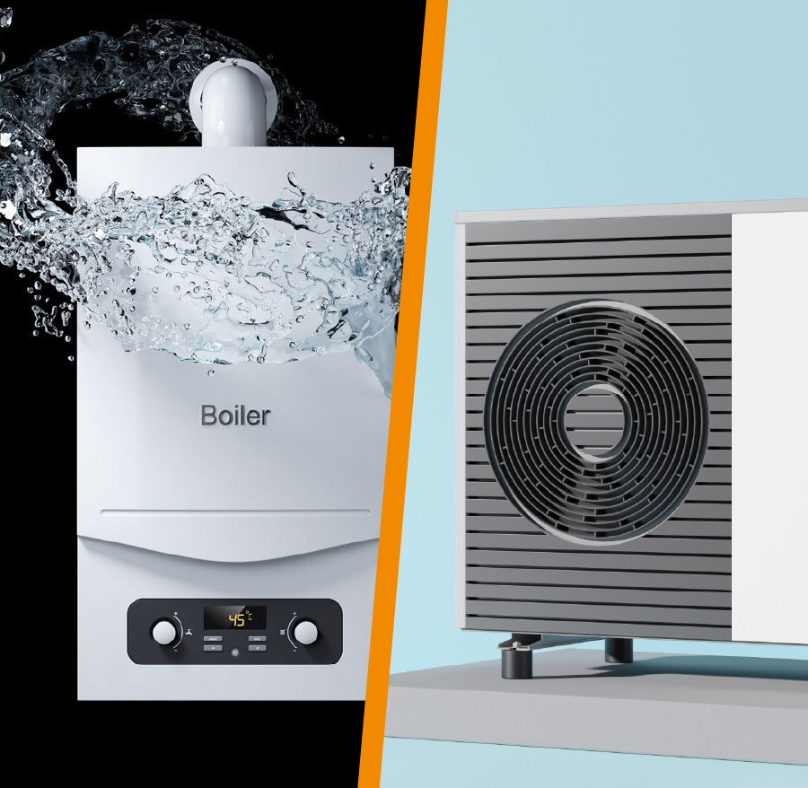 A split screen image of a boiler and a heat pump