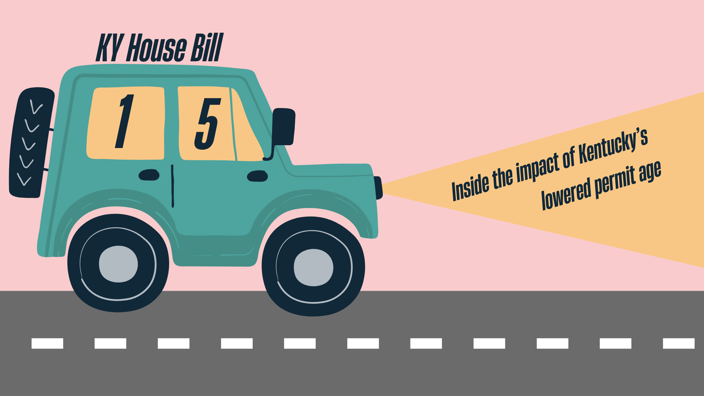 A teal blue cartoon car driving on a grey road with a pink background. "KY House Bill 15" is on the car. "Inside the impact of Kentucky's lowered permit age" is inside a beam of yellow light shining out of the car's headlights.