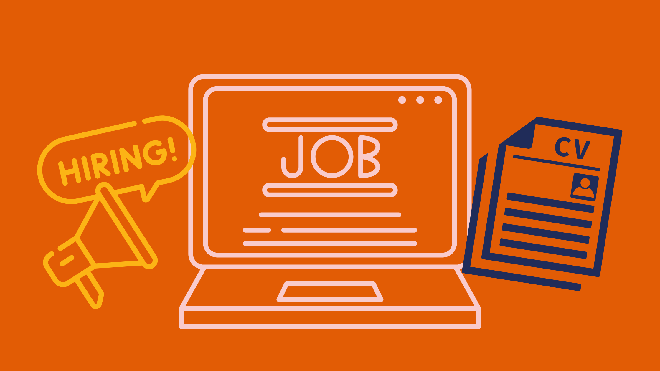 A pink laptop that says "job" on an orange background, with a megaphone saying "hiring" in yellow on one side, and an illustration of a CV in navy blue.