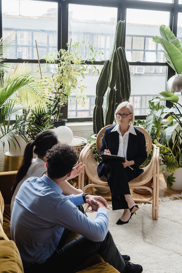 A woman, who appears to be a counselor or therapist, is sitting in a chair in front of a couple whose backs are turned toward the camera. They are in a bright room that is decorated with a number of plants.