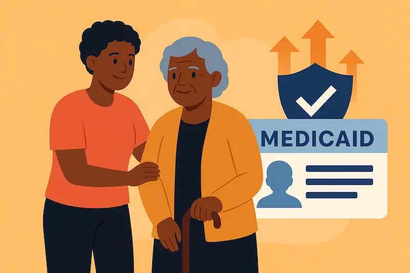 Illustration of a young caregiver supporting her older relative. Behind them are a Medicaid card, a shield with a check mark, and upward arrows that symbolize protection and positive progress.