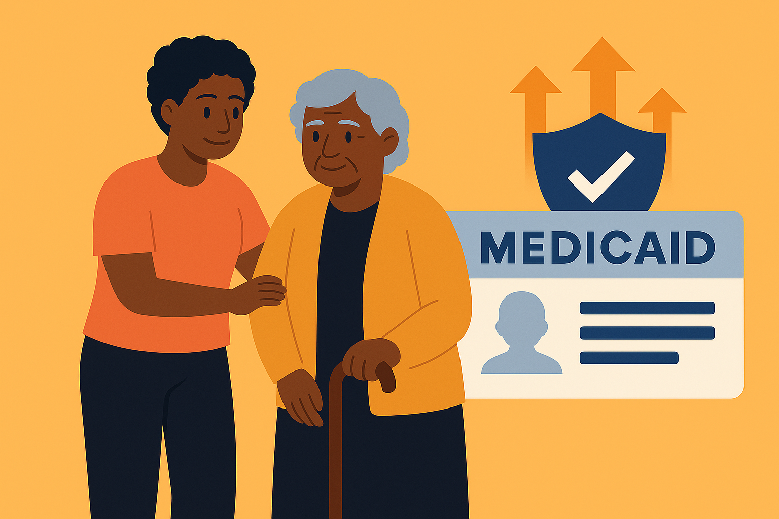 Illustration of a young caregiver supporting her older relative. Behind them are a Medicaid card, a shield with a check mark, and upward arrows that symbolize protection and positive progress.