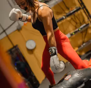 Paige punches downward to a Revgear dummy on the floor.