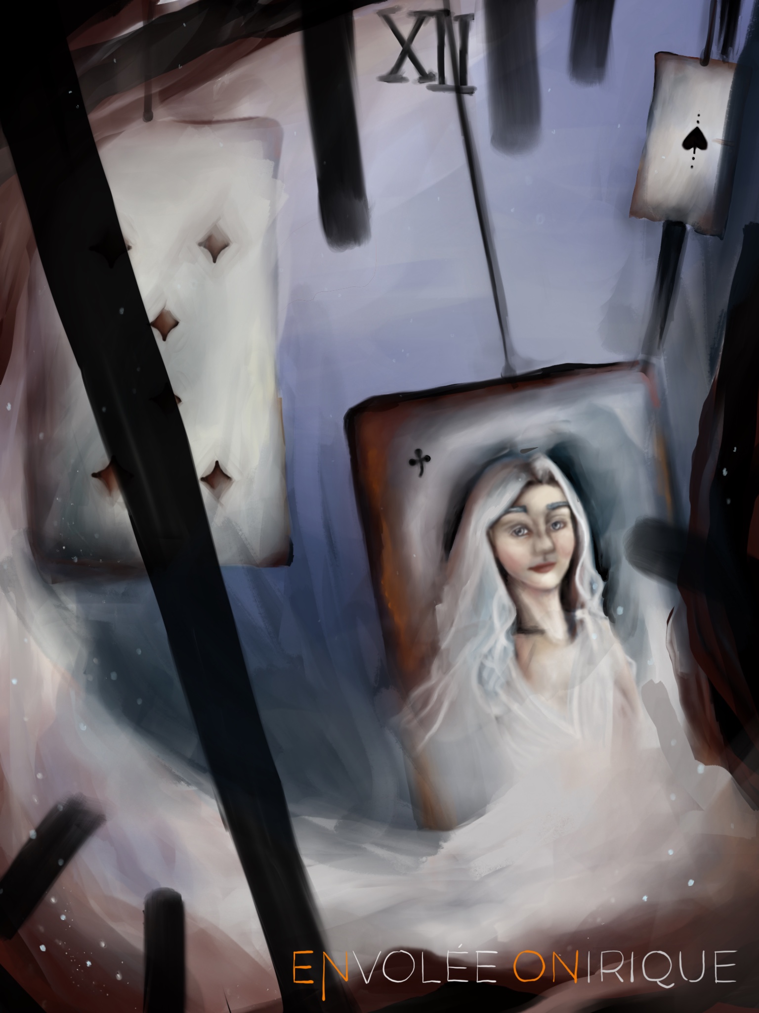 Digital Art - Procreate - Watercolor - Illustration - 

Digital Illustration by Annika Richter designed in Procreate belonging to the Series calles "A phantastic journey". 

These images show different aspects of inner and outer travel taking you into a world inside your mind. To travel means to change. According to the artist, life itself can be interpreted as a kind of journey, making the adventures of inner and outer travel a kind of mirror to the omnipresent change in life itself. 

Cards are hanging in movement. They remind of the optics of a clock. The card in the forground shows the queen of winter, a womne with white eyes and white hair lost in time. Both young and old at the same time, she lived in her own time space continuum. 

