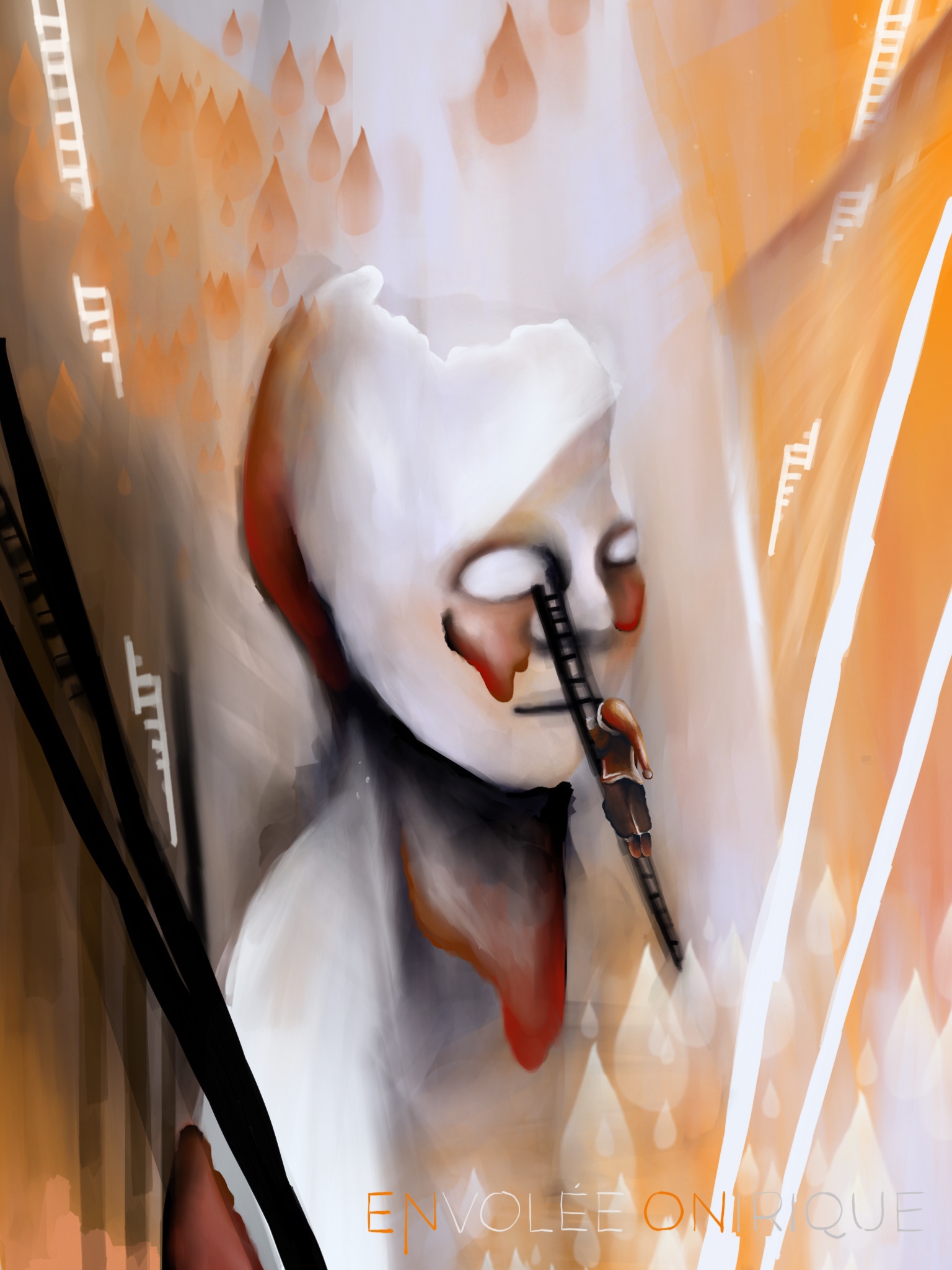 Digital Art - Procreate - Watercolor - Illustration - 

Digital Illustration by Annika Richter designed in Procreate belonging to the Series calles "A phantastic journey". 

These images show different aspects of inner and outer travel taking you into a world inside your mind. To travel means to change. According to the artist, life itself can be interpreted as a kind of journey, making the adventures of inner and outer travel a kind of mirror to the omnipresent change in life itself. 

A pictureske empty head is in the middle of the picture. The eyes are completely white. A little person is climbing up a ladder to access the eye of the shadow self. The color palette has a lot of red and yellow. 

