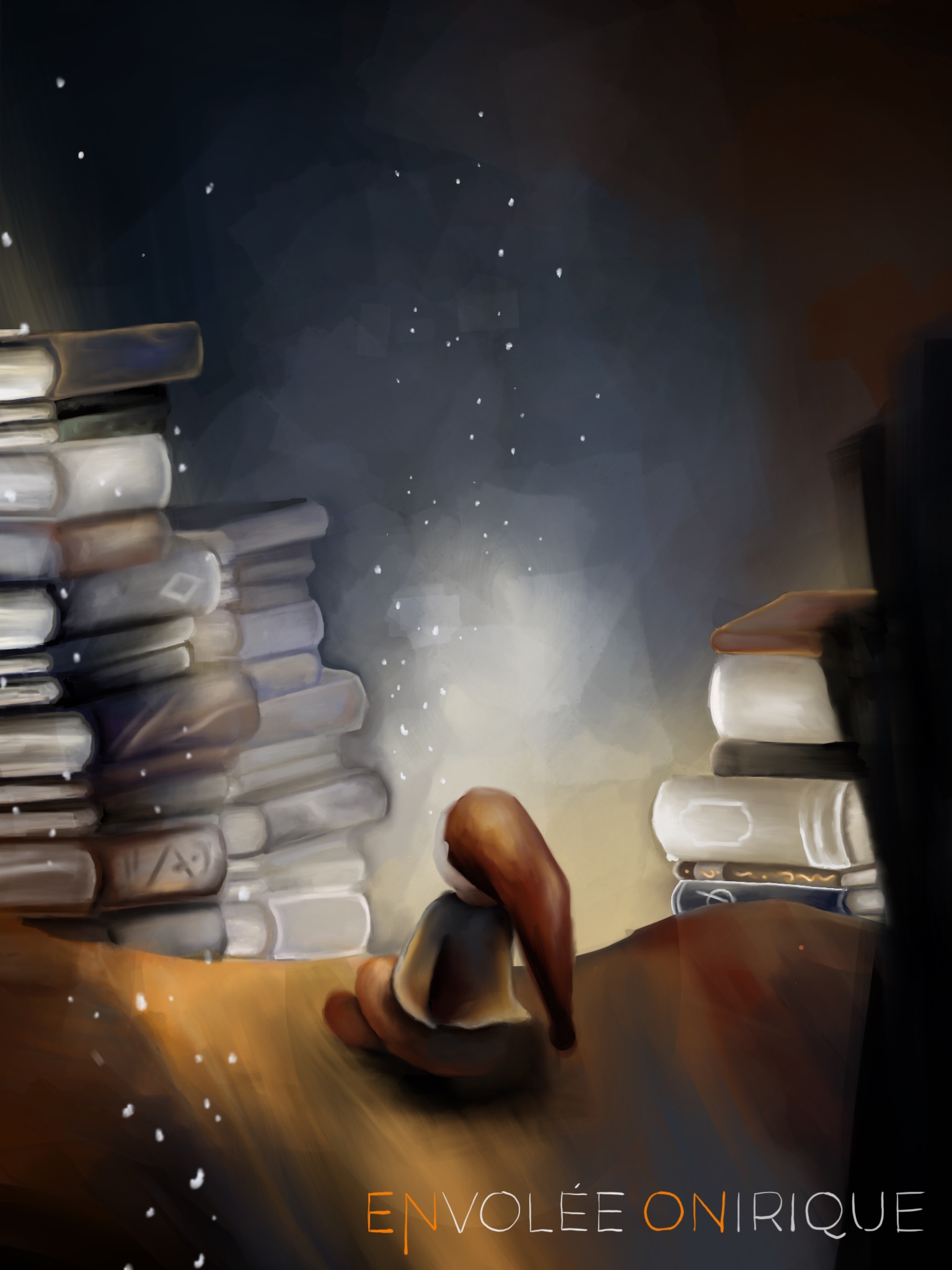 Digital Art - Procreate - Watercolor - Illustration - 

Digital Illustration by Annika Richter designed in Procreate belonging to the Series calles "A phantastic journey". 

These images show different aspects of inner and outer travel taking you into a world inside your mind. To travel means to change. According to the artist, life itself can be interpreted as a kind of journey, making the adventures of inner and outer travel a kind of mirror to the omnipresent change in life itself. 

A person is sitting on a flying carpet and flying through heaps of books. The atmosphere is dark and dreamy and warm. The color palette has a lot of red, blue and yellow. 

