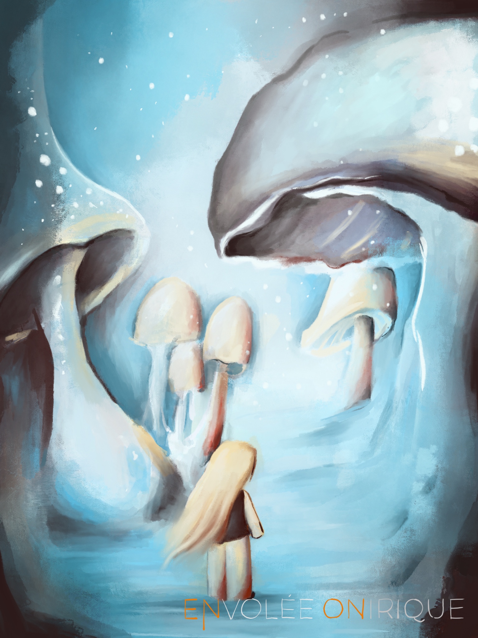 Digital Art - Procreate - Watercolor - Illustration - 

Digital Illustration by Annika Richter designed in Procreate belonging to the Series calles "A phantastic journey". 

These images show different aspects of inner and outer travel taking you into a world inside your mind. To travel means to change. According to the artist, life itself can be interpreted as a kind of journey, making the adventures of inner and outer travel a kind of mirror to the omnipresent change in life itself. 

A person with long blonde hair is standing in fron of a forest of mushrooms. The color palette is very blue

