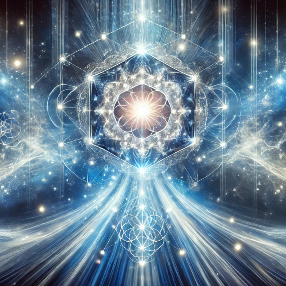 6 dimensionale zieledeel met blauwe kosmische straal