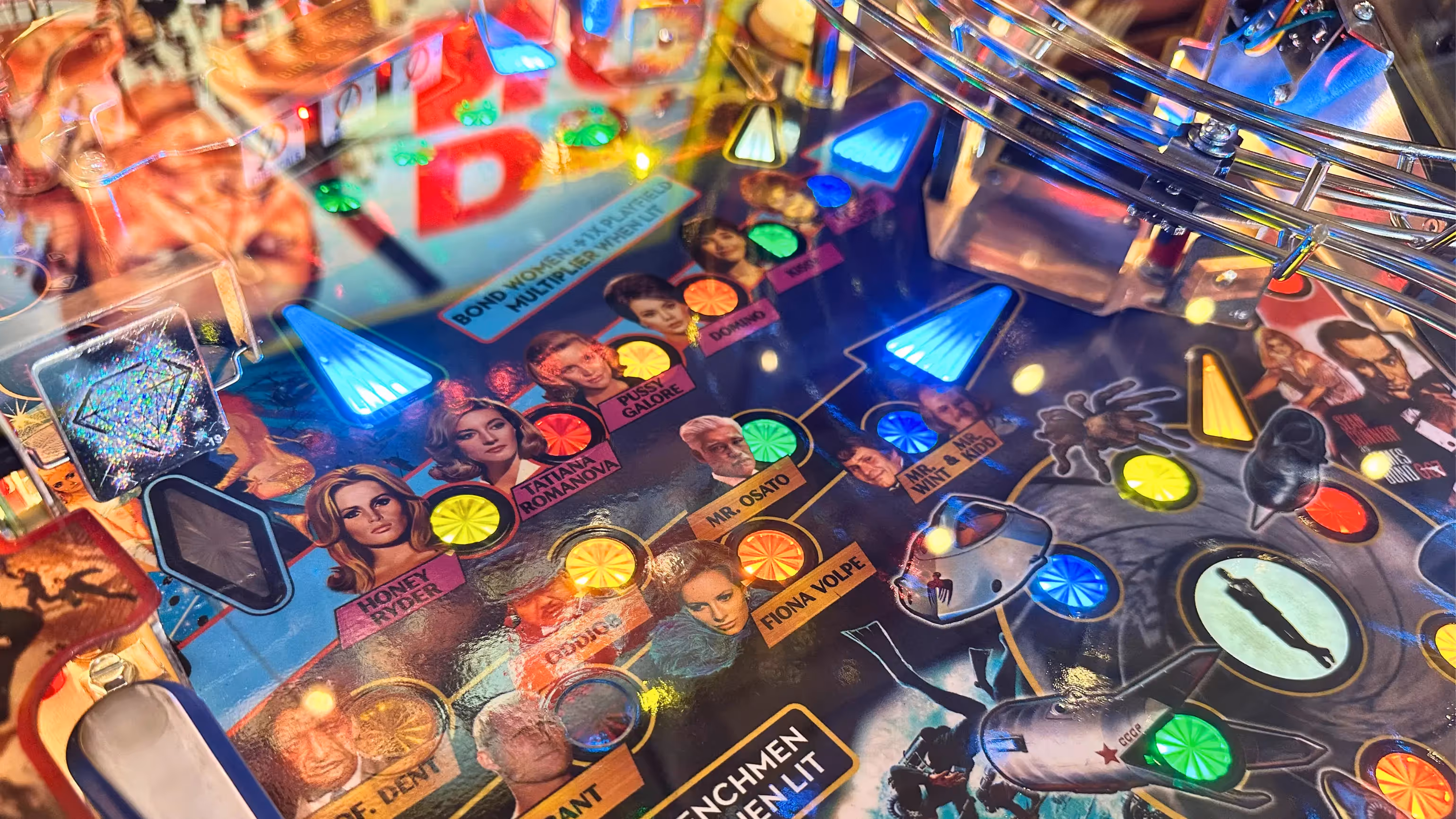 Colorful pinball machine playfield with political figures and bright lights