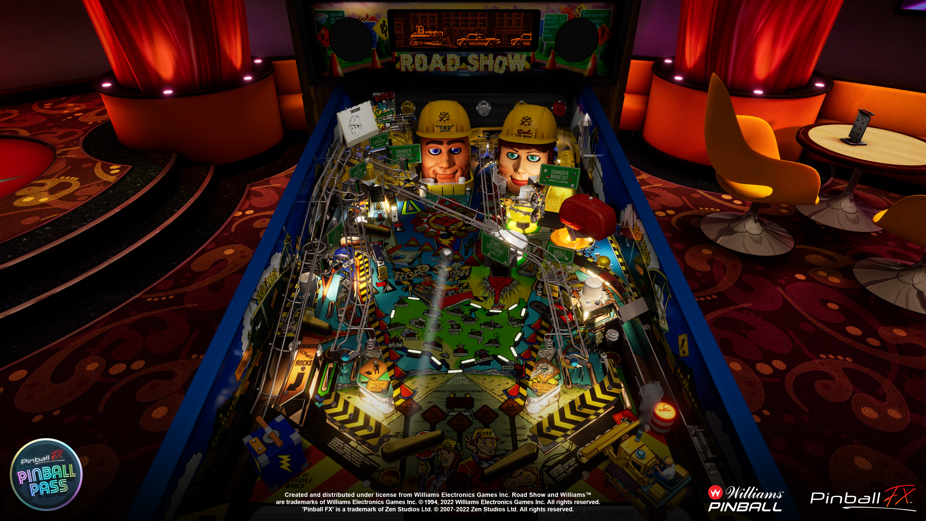 Road Show pinball machine with construction workers and colorful playfield