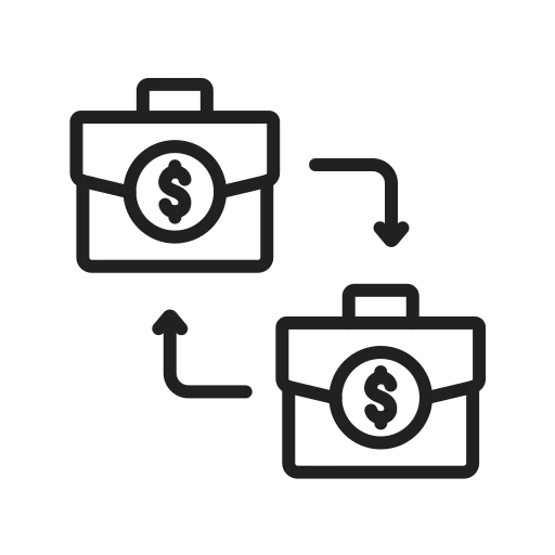Two briefcase icons with dollar signs connected by arrows indicating financial exchange or transfer.
