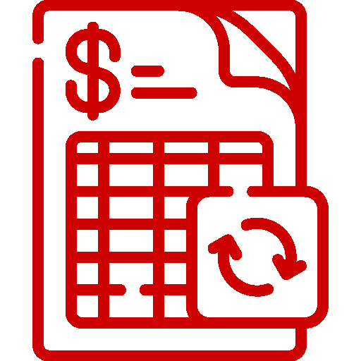 Red icon of a financial document with a dollar sign, grid table, and circular refresh arrows symbol.