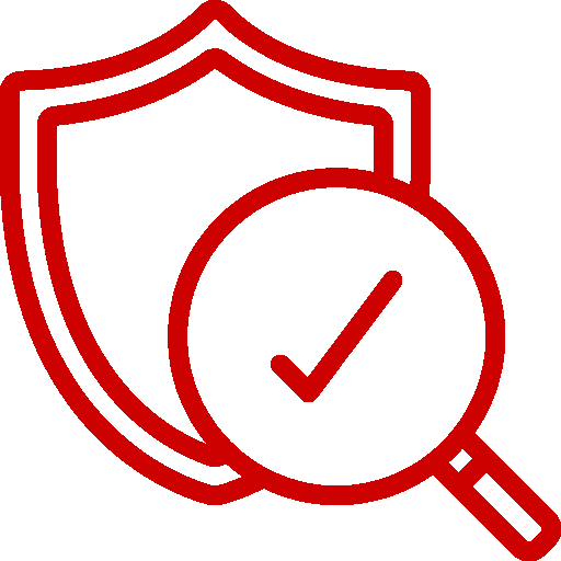 Red shield with magnifying glass showing a check mark indicating security verification.