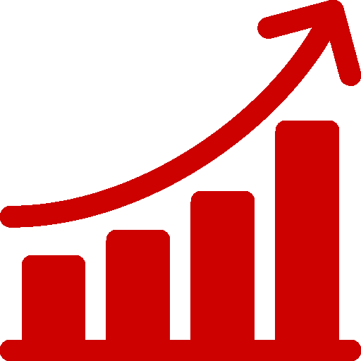 Red bar chart with ascending bars and an upward trending arrow.