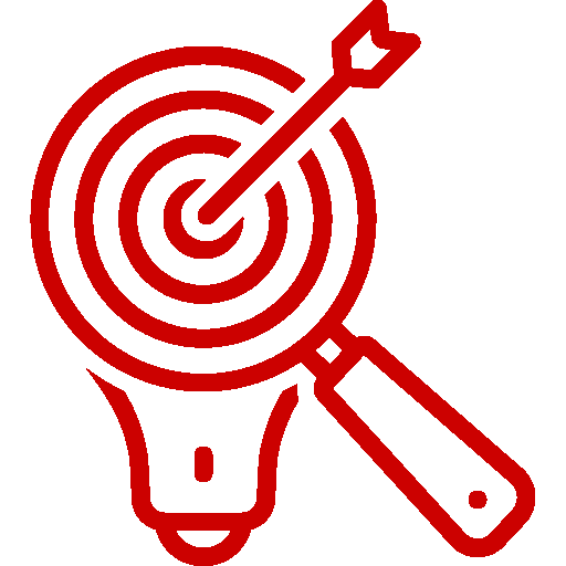 Red line drawing of a magnifying glass focused on a bullseye target with an arrow hitting the center.