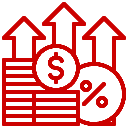 Red icon showing stacks of coins, a dollar symbol, a percentage sign, and three upward arrows indicating financial growth or rising interest rates.