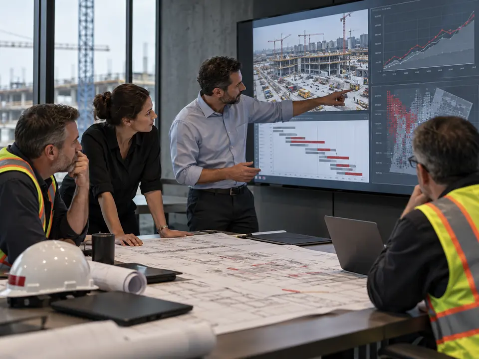 Construction leaders reviewing operational data and an AI roadmap