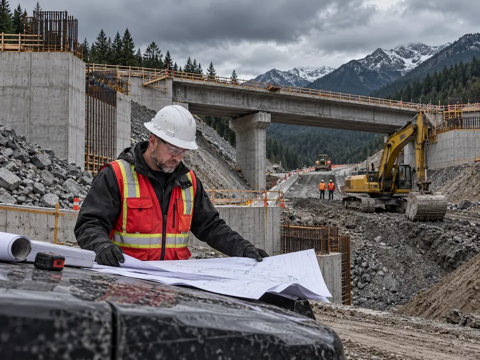 Heavy civil superintendent reviewing plans at a bridge construction site