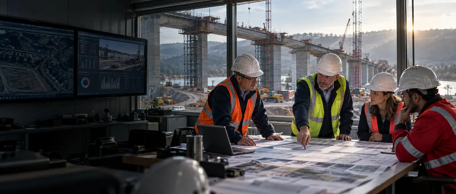 Dirigeants du secteur de la construction examinant des plans de projet à côté d'un pont en construction