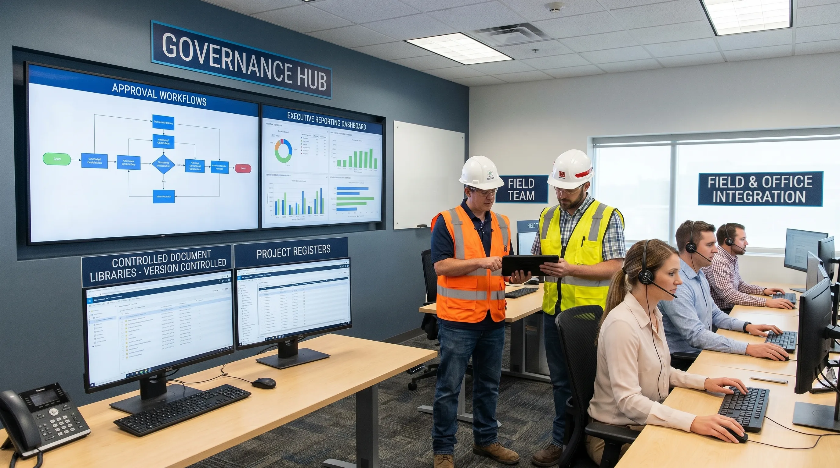 Construction project governance hub showing controlled document libraries, approval workflows, project registers, and executive reporting connected across field and office teams.