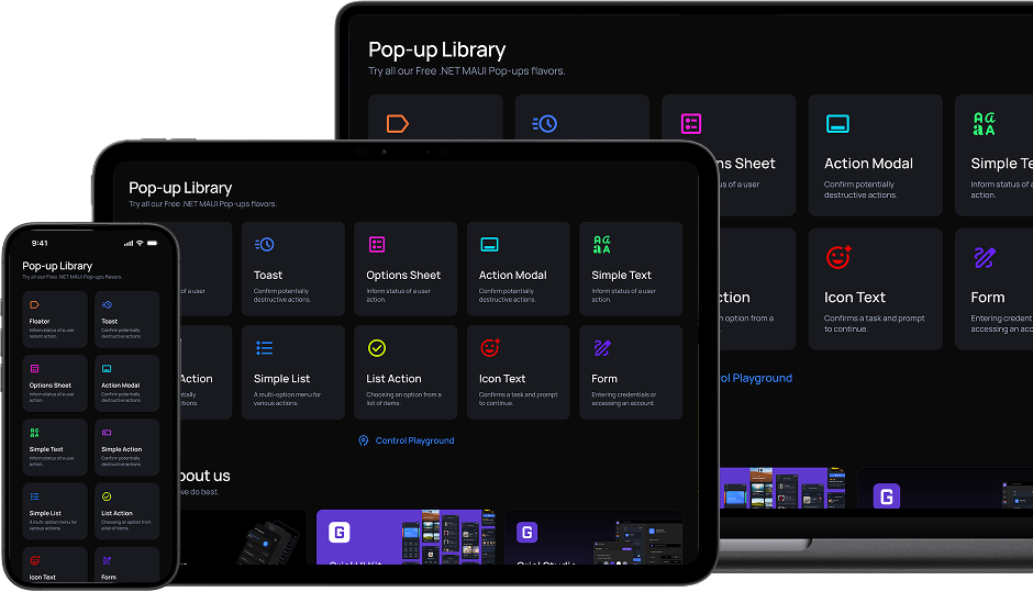 Screens of a phone, tablet, and laptop displaying a UXDivers Pop-up Library